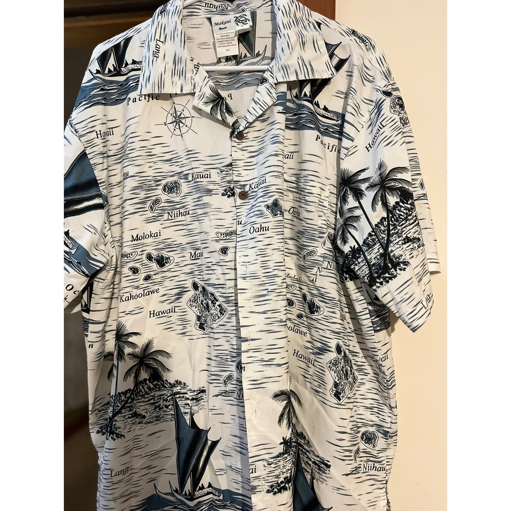 Makani Hawaii Islands Sailboat Aloha Shirt XL White Tropical Vacation Cruise‎